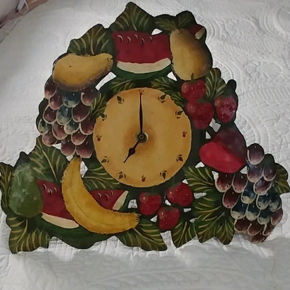FARMHOUSE Standing/Hanging CLOCK -Mexican Pressed Tin Handpainted Fruit Wall Art - Picture 1 of 5